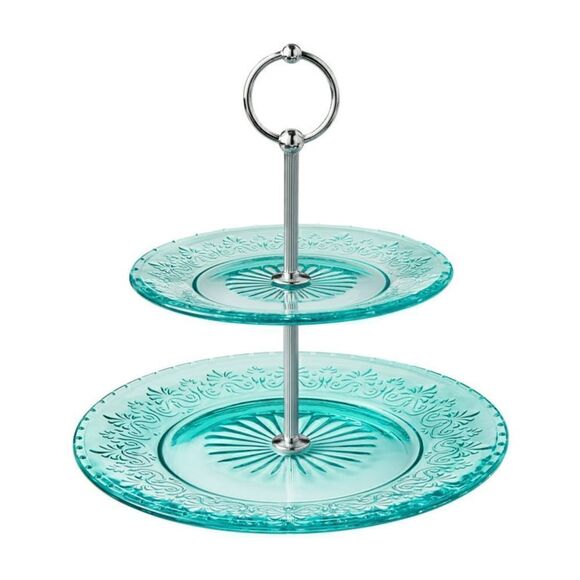 🦋 New Pioneer Woman Cassie Embossed Glass 2 Tier Serving Tray, Teal - Picture 4 of 6